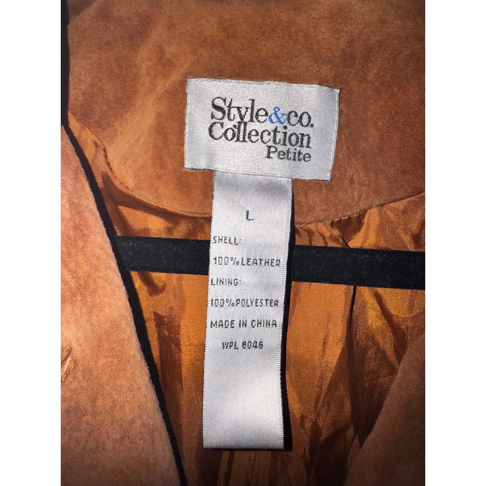 Style & Co Petite Brown Suede Leather Jacket Button Front Cognac Size L Petite - Picture 2 of 7
